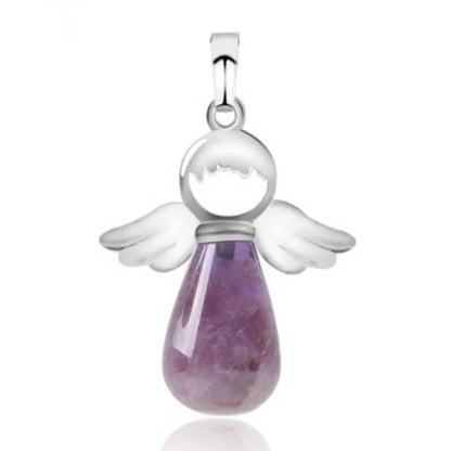 Angel Wing Crystal Stone Pendants For Women Necklace DIY Natural Amethyst Rose Quartz Water Drop Necklace Jewelry No Chain