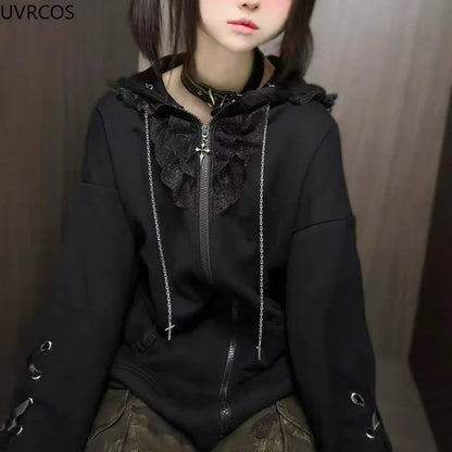 Japanese Kawaii Cat Ears Hooded Hoodies Women Y2k Aesthetic Grunge Casual Bandage Zipper Sweatshirt Fashion Trend Sportswear Top