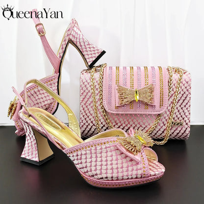 QueenaYan 2026 New Italian Pumps and Bag To Party  INS Style Open-Toe Rhinestone Elegant High Heels for Women Party