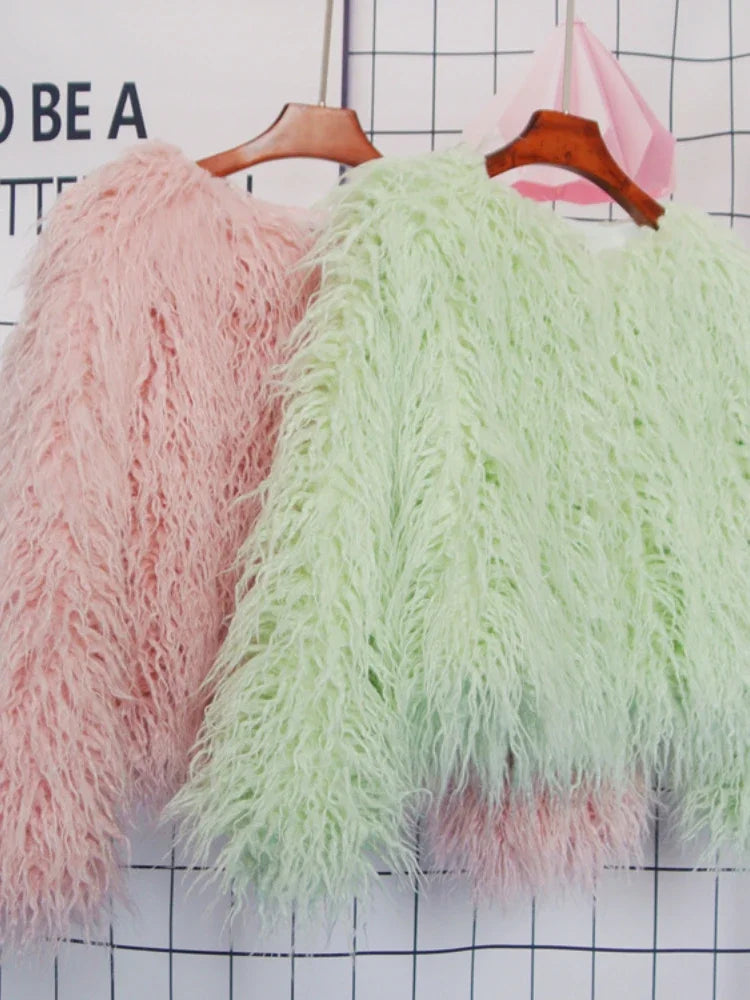 Colorful Warm Faux Women Fur Coat  Black White Pink Plush Coat Female Jacket Fur Autumn Winter Shaggy Outerwear High Street 2025