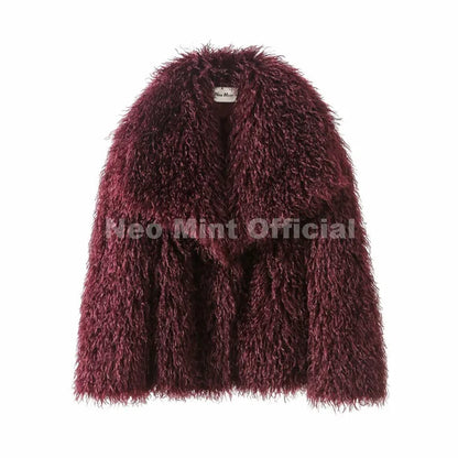 Neo Mint 2025 Winter Lulicore Fashion Brown Faux Fur Coat Women Chic Autumn Warm Fluffy Sheep Fur Jacket Big Fur Collar Overcoat