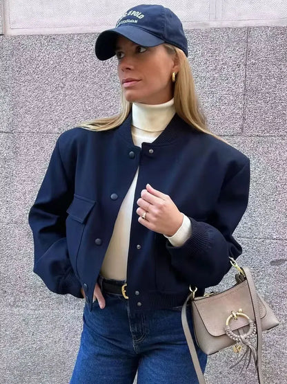 Women Fashion With Pockets Bomber Jacket Coats Vintage Long Sleeve Front Button Casual Female Outerwear Chic Tops