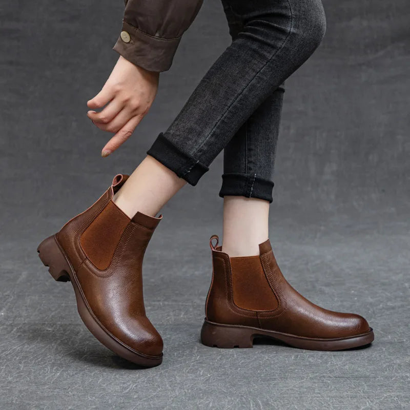 DRKANOL Fashion Women Thick Heel Ankle Boots Autumn Winter Warm Shoes Round Toe Real Cowhide British Style Slip On Chimney Boots