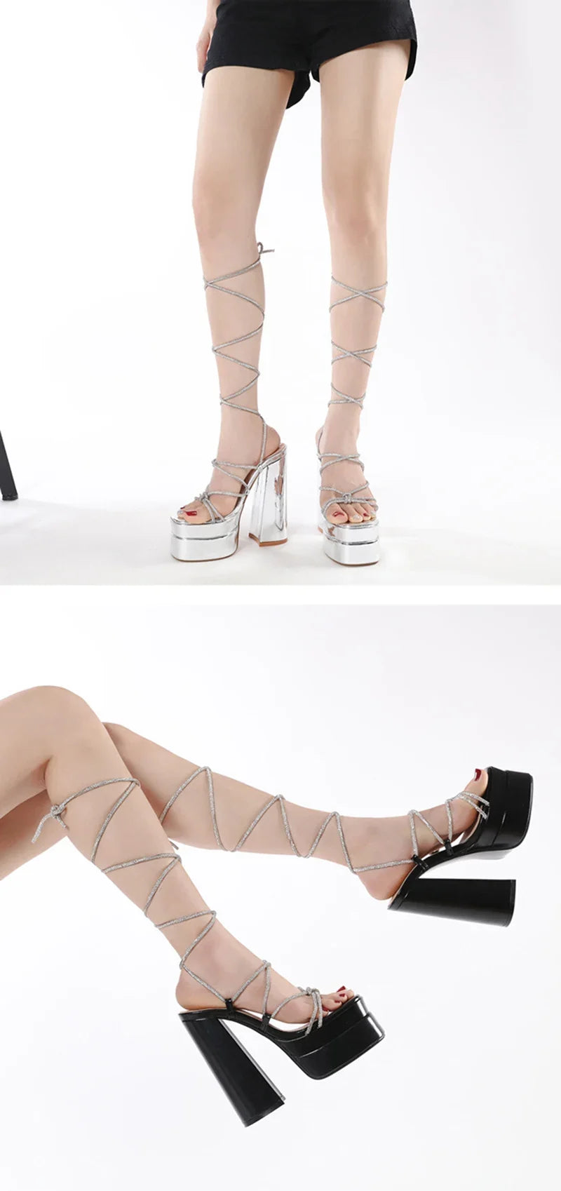 MM2025 New Arrival Rhinestone Embellished Knot T-Strap Heels Roman Peep-toe Summer Sandals Shiny Perfomance Anniversary Footwear
