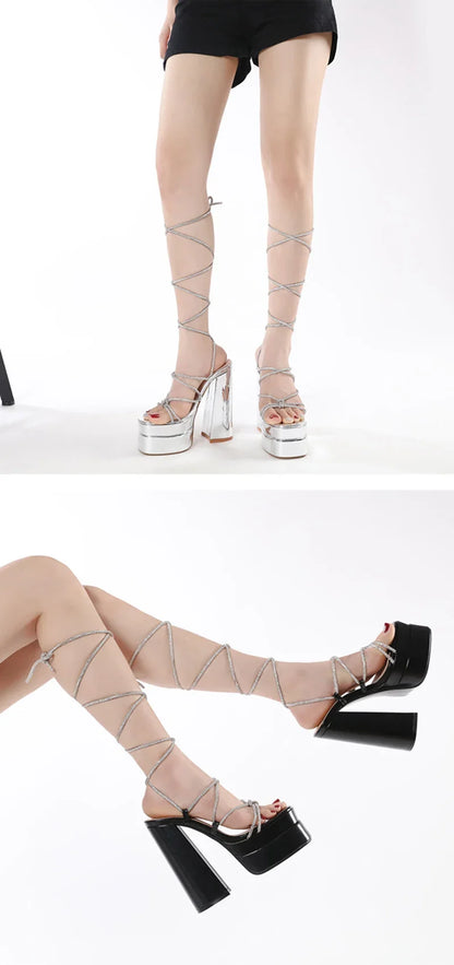 MM2025 New Arrival Rhinestone Embellished Knot T-Strap Heels Roman Peep-toe Summer Sandals Shiny Perfomance Anniversary Footwear