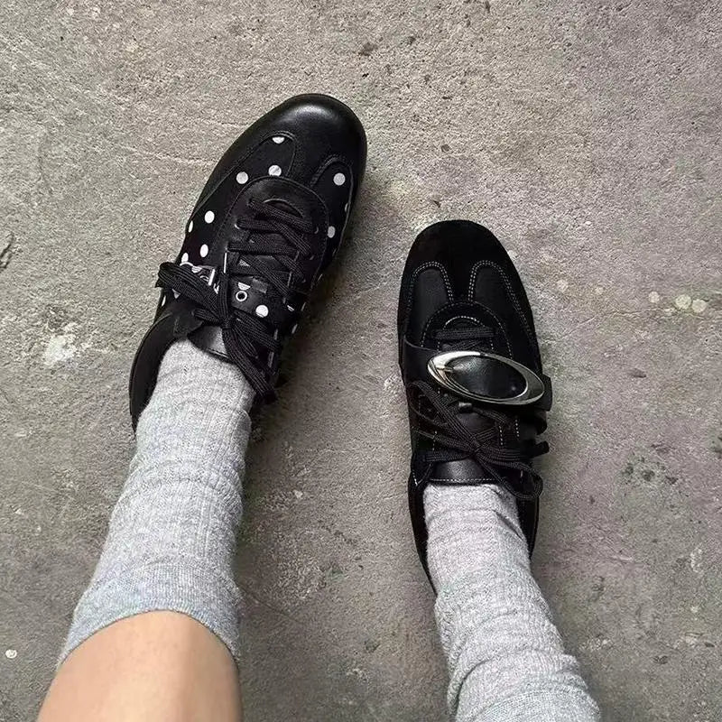 Korean Style Black Polka Dot Sneakers Women Spring 2026 Luxury Metal Decoration Designer Vulcanize Shoes Woman's Sports Shoes