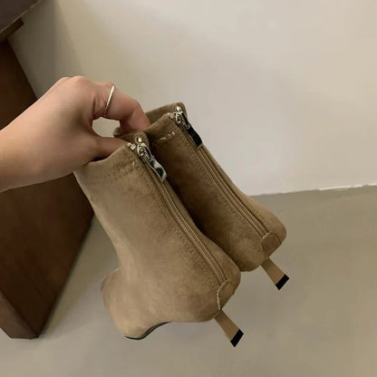 SUOJIALUN 2024 Winter New Brand Women Short Boots Fashion Pointed Toe Ladies Elegant Ankle Boots Thin High Heel Dress Pumps Shoe