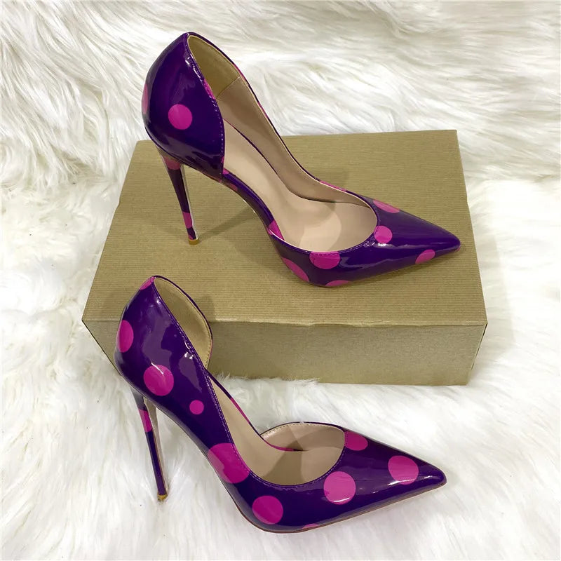 Veowalk Polka Dot Women Purple D'Orsay Side Cut Pointed Toe Stiletto Pumps Comfortable Elegant 8cm 10cm 12cm High Heel Shoes
