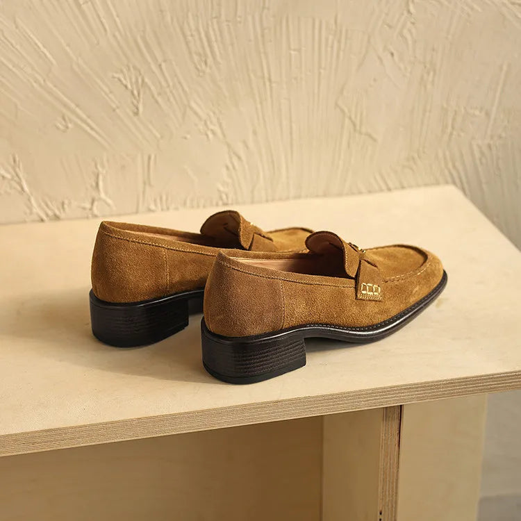 New Spring/Autumn Cow Suede Women Shoes Fashion Retro Square Toe Shoes for Women Mid Heels Women Pumps Handmade Green Loafers