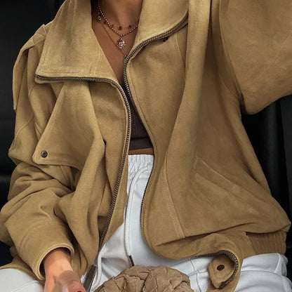 Khaki Lapel Short Suede Jacket Women Casual Stand Collar Full Sleeve Zipper Pocket Loose Jackets 2026 Lady Commute Street Coats
