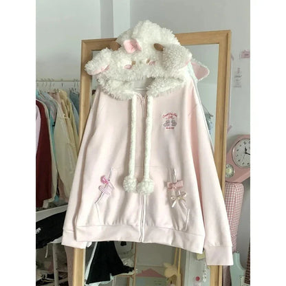 Japanese Sweet Coats Y2K Clothing Hoodie Women Tops Autumn and Winter Color Match Splicing with Thick Velvet Cardigan Jackets