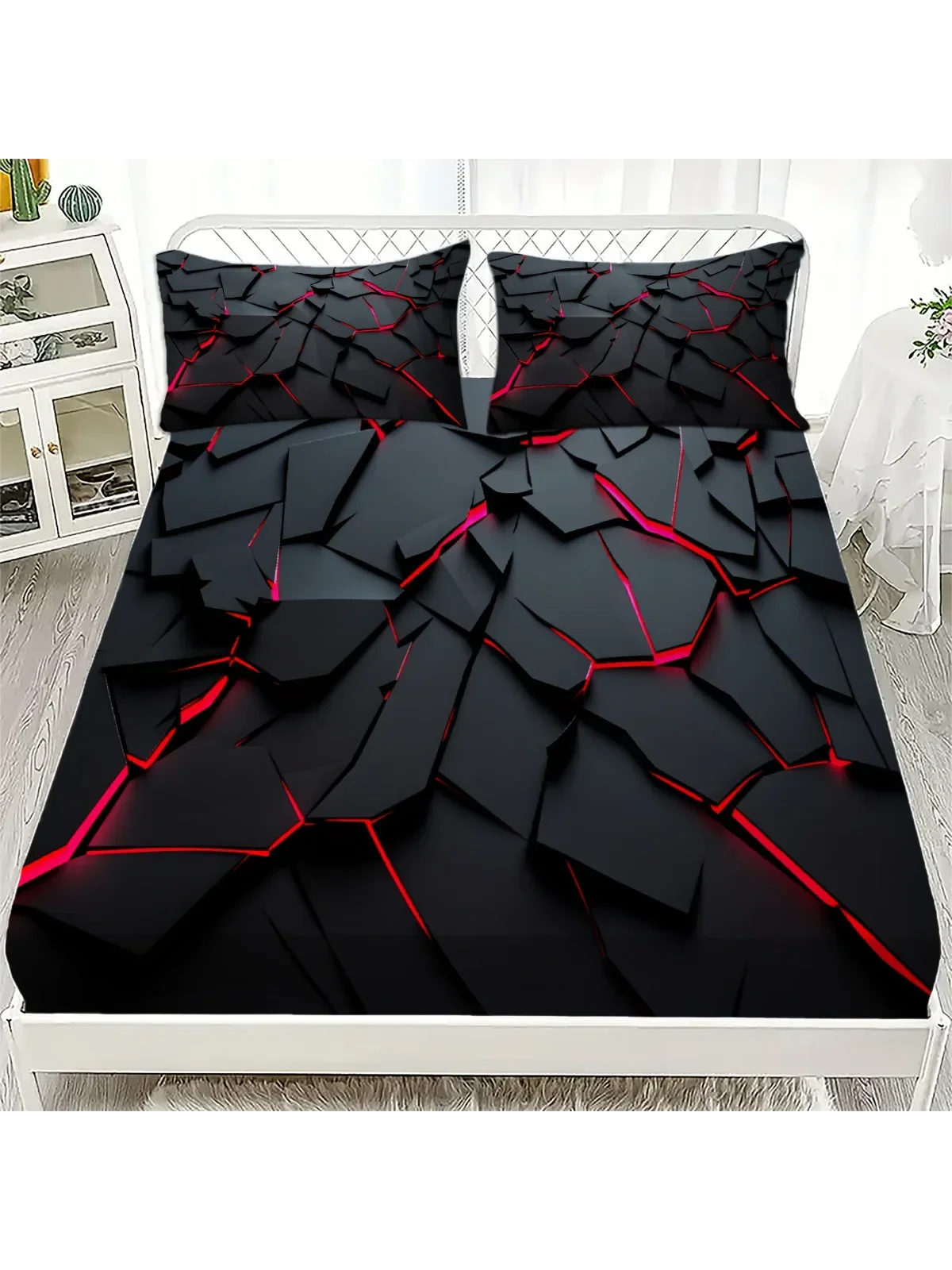 3Pcs Lightning Glow Fitted Sheet Set 3D Printed Soft Red Black Bedspread Single Twin Queen King Size Bed Sheet Set Home Decor