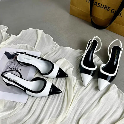 Designer Black White Mixed Color Low Heeled Sandals Women Sexy Pointed Toe Slingbacks Chunky High Heels for Women Elegant Heels