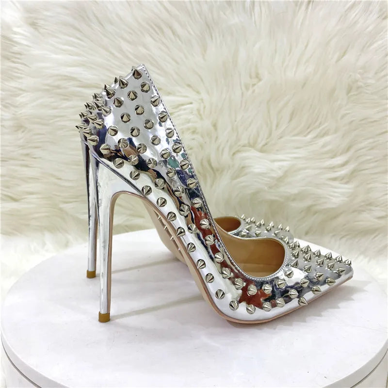 Women New Rivet High Heels 12CM Fashion Pointed Toe Party Single Shoes Europe And America Club Stage Pumps Silver Plus Size 43