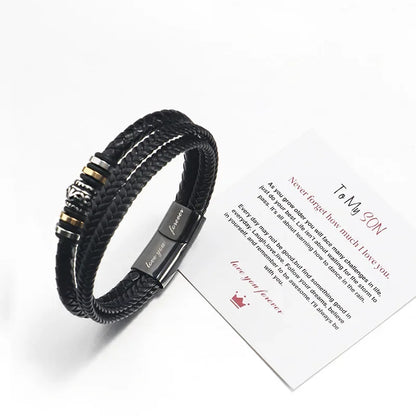 Bracelet for Son/Grandson From Parents, Stainless Steel Leather Bead Grown Up Meaningful Graduation Gifts for His Birthday 8.5"