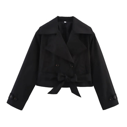 SLTNX 2026 New Women's British Wind Trench Coat Style Double-breasted Long Sleeve Belt Lapel Jacket Short Coat