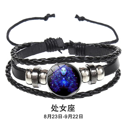 12 Constellation Zodiac Sign Charm Luminous Bracelets Men Women Vintage Multilayer Wrap Leather Chain Bangle Birthday Jewelry
