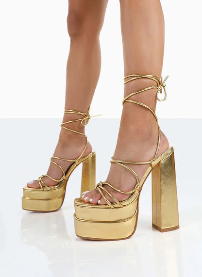 FF2025 New Fashion Solid Colored Cross-tied Heels Supper High Platform Dressing Sandals Peep-toe Square Heel Summer Footwear