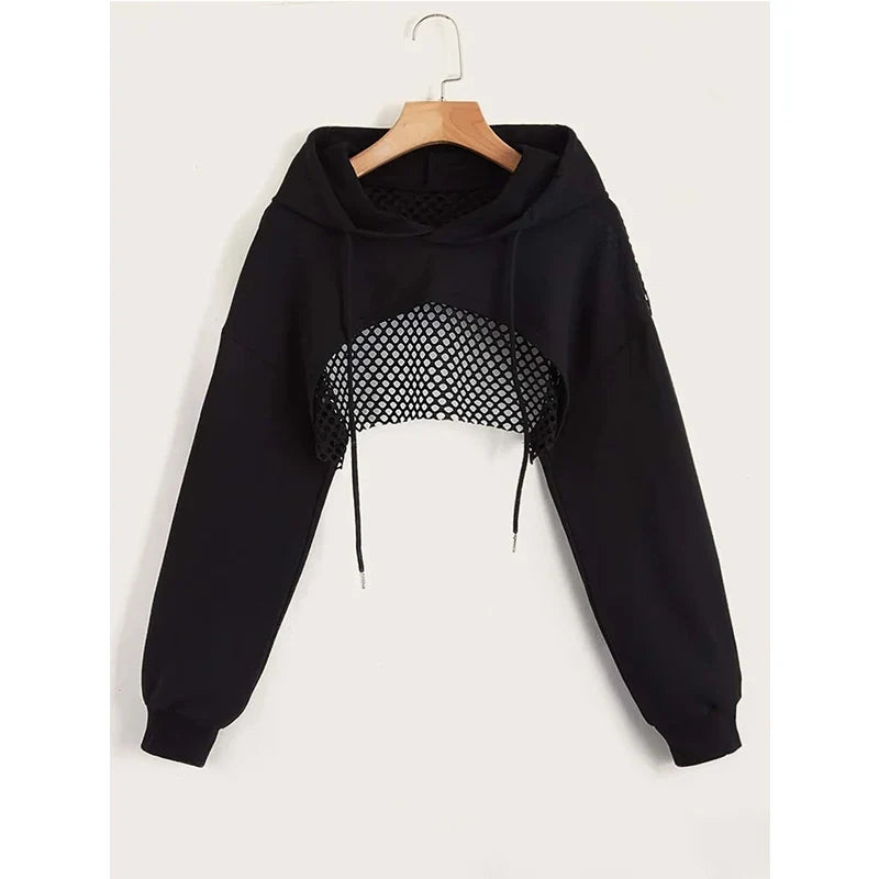 Street Sport Drop Shoulder Drawstring Hollow Out Super Crop Sports Hoodie Without Cami Top