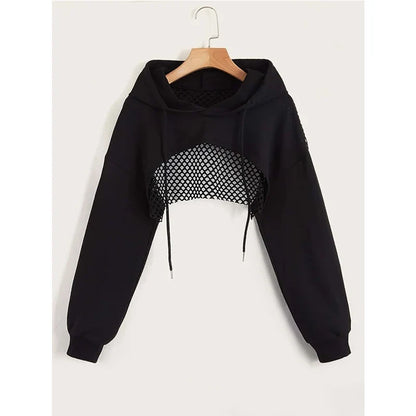 Street Sport Drop Shoulder Drawstring Hollow Out Super Crop Sports Hoodie Without Cami Top