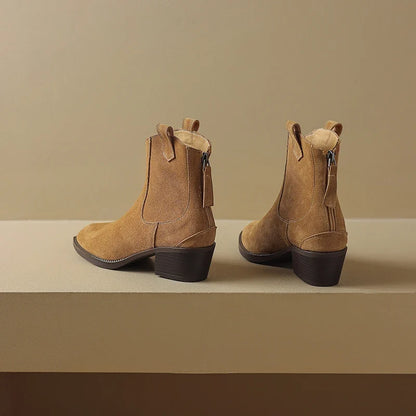 2025 Autumn Winter Trend Cow Suede Women Western Boots Black Brown Khaki Purple Green Burgundy Pointed Toe Ladies Ankle Boots