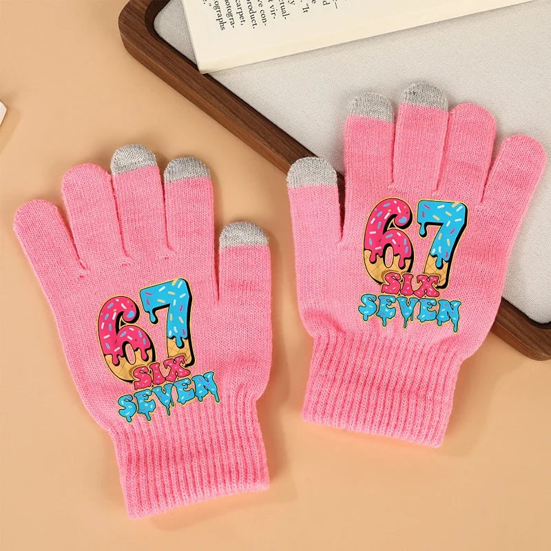 Funny 67 Six Seven Winter Gloves Touch Screen Gloves Fnafs Warm Stretch Knit Mittens Imitation Wool Full Finger Crochet Thicken
