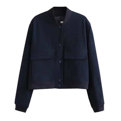 Women Fashion With Pockets Bomber Jacket Coats Vintage Long Sleeve Front Button Casual Female Outerwear Chic Tops