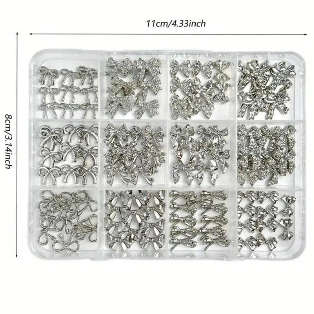 120Pcs/Box 3D Silver Exquisite Bowknot Nail Charms Simple Alloy Ribbon Bowtie Nail Art Decorations DIY Luxury Manicure Accessory