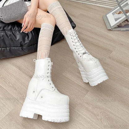 Height Increasing Women's High Boots Black Leather Thick Bottom Platform Shoes Side Zip Gothic Punk Short Boots Street Style