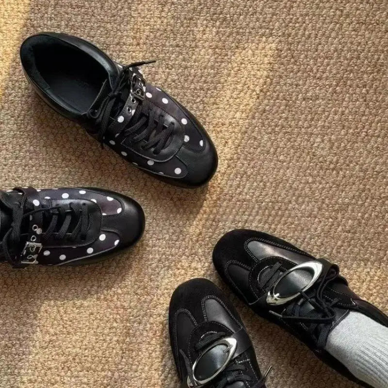 Korean Style Black Polka Dot Sneakers Women Spring 2026 Luxury Metal Decoration Designer Vulcanize Shoes Woman's Sports Shoes