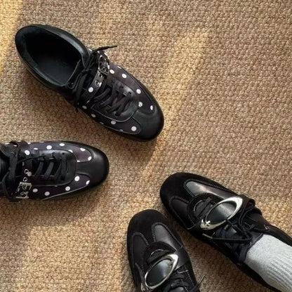 Korean Style Black Polka Dot Sneakers Women Spring 2026 Luxury Metal Decoration Designer Vulcanize Shoes Woman's Sports Shoes