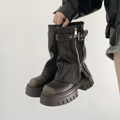 2025 Winter Women Biker Boots Fashion Belt Buckle Ladies Elegant Platform Long Pipe Booties Casual Women's Knee High Booties