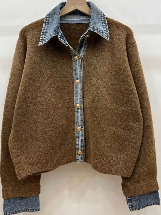 Chic Denim Collar Stitching Fake Two-piece Sweater Women's Cardigan New Single Breasted Knitted Jacket Coat Female Outwear