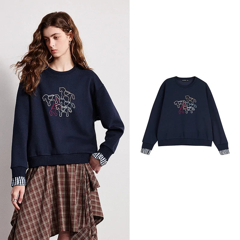 TOYOUTH Women Crewneck Patchwork Plaid Fake Two-Piece Pony Embroidery Loose Sweatshirt 2026 Spring New Tops