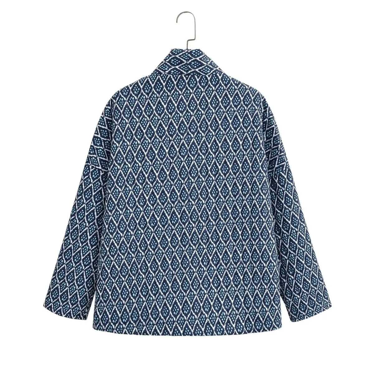 Autumn Winter Blue Geometric Plaid Print V Collar Quilted Coat Ethnic Women Long Sleeve Oversized Jackets Loose Outwear