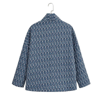Autumn Winter Blue Geometric Plaid Print V Collar Quilted Coat Ethnic Women Long Sleeve Oversized Jackets Loose Outwear