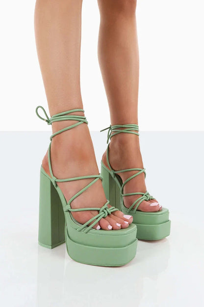 FF2025 New Fashion Solid Colored Cross-tied Heels Supper High Platform Dressing Sandals Peep-toe Square Heel Summer Footwear
