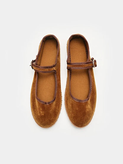 Velvet Mary Jane Shoes for Women Hand Stitch Casual Streetwear Ballet Flats Pumps Female Solid Color Red Cloth Shoes Loafers
