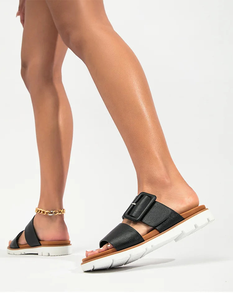 Adjustable Square Buckle Women Slide Sandals Two Strap Platform Slippers Low Heel Soft Sole Summer Open Toe Walking Casual Shoes