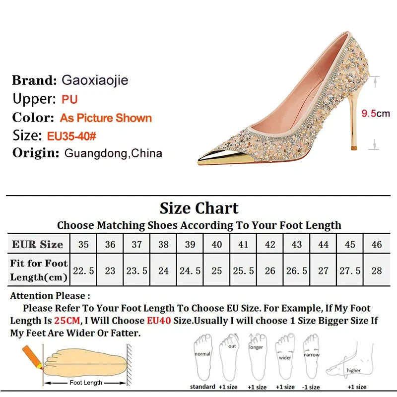 Shiny Crystal Apricot High Heels 9.5cm Women's Shoes Thin Heels Metal Pointed Ladies Pumps Shallow Slip On Stiletto Party Shoes