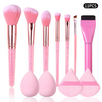 11Pcs Pink Makeup Brush Set with Sponge & Puff, Professional Glitter Handle Brushes for Foundation, Eyeshadow, Blush, Full Face