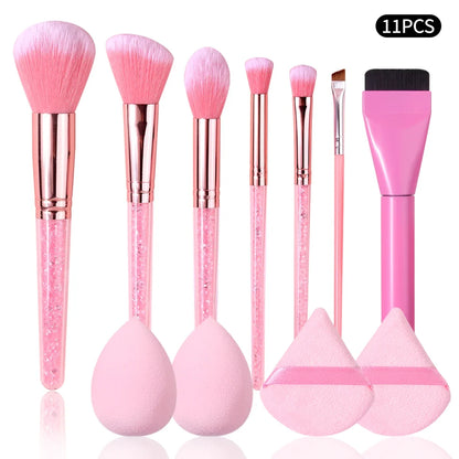 11Pcs Pink Makeup Brush Set with Sponge & Puff, Professional Glitter Handle Brushes for Foundation, Eyeshadow, Blush, Full Face