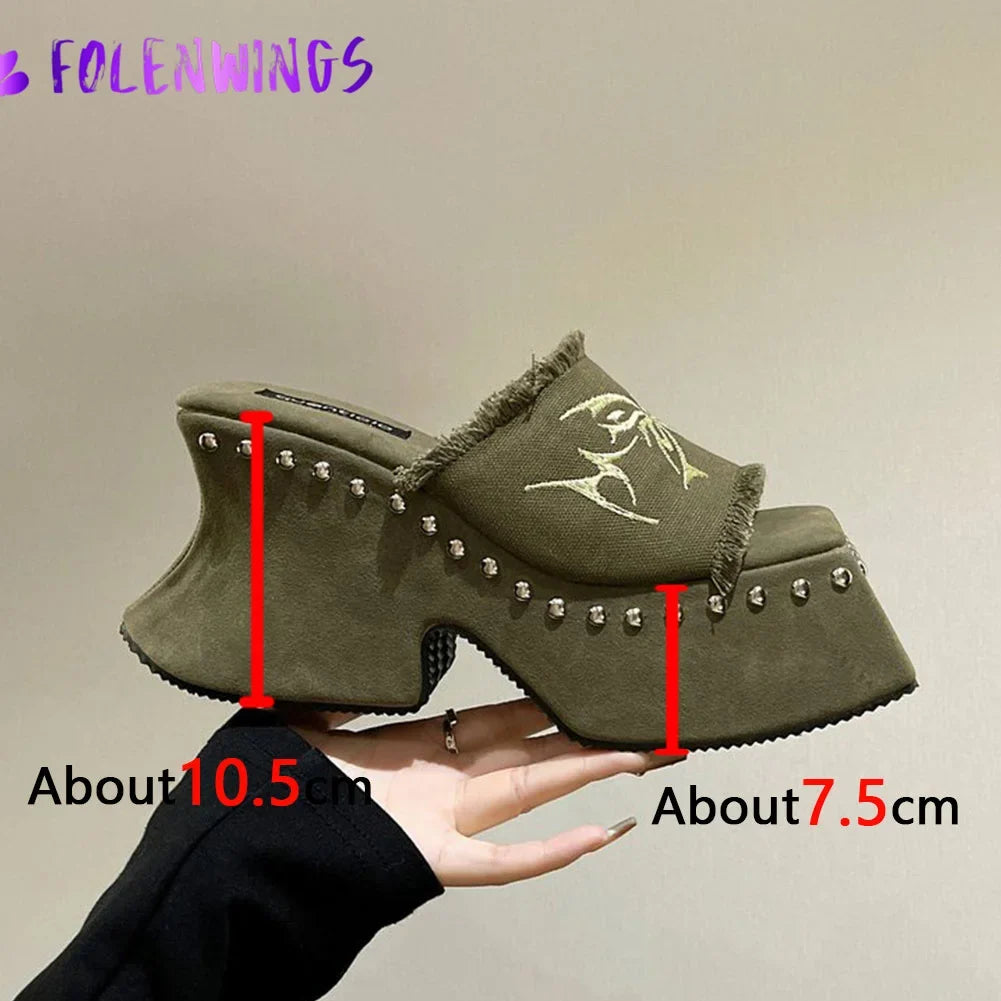 Punk Chunky Heels Mule Shoes Sandals For Women Rivet Platform Slide Sandals Open Toe 2026 Summer Trendy Shoes Street Women Shoes