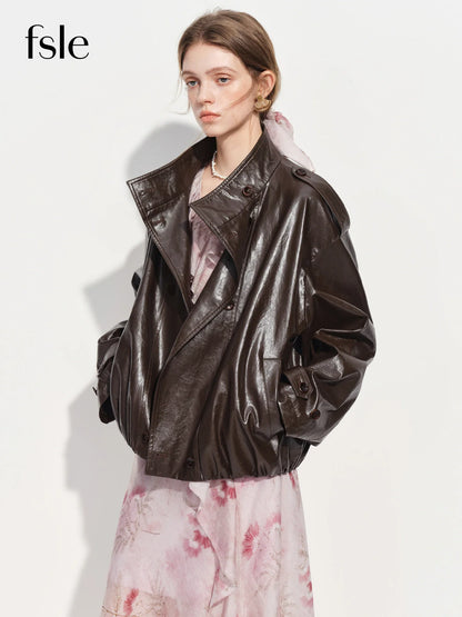 FSLE【Premium Series】Women's Oversize Short Trench Coat Brown Faux Leather Belted Jacket Grey Windbreaker Y2K Retro Outerwear