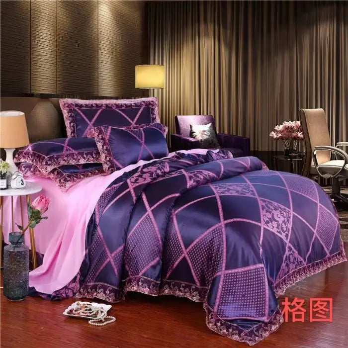 Luxury Jacquard Bedding Set Tencel Modal Duvet Cover 4PCS with Lace Satin Bed Sheet Pillowcases King and Queen Size Home Textile
