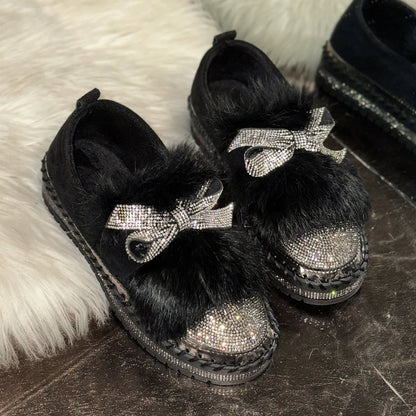 Trend Women Sneakers Furry Crystal Bow  Women Casual Shoes Flat Platform Loafers Short Plush Warm Autumn Winter Sneakers Woman