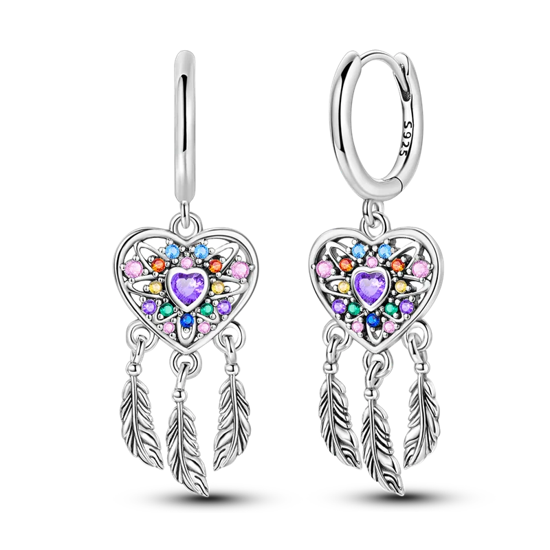Genuine 925 Sterling Silver Love Feather Earrings Fit Original Charms Hoop For Women Girls Stud Earring Fine Jewelry Gifts