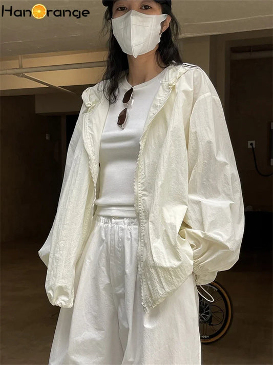 HanOrange 2026 Summer Light Transparent Hooded Zipper Sunscreen Jacket Women Loose Silhouette Thin Long Sleeve Jacket Female'