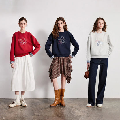 TOYOUTH Women Crewneck Patchwork Plaid Fake Two-Piece Pony Embroidery Loose Sweatshirt 2026 Spring New Tops