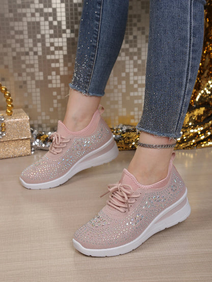 Women's Rhinestone Embellished Knit Mesh Wedge Sneakers, Adjustable Lace-Up Closure, Daily Walking Casual Footwear
